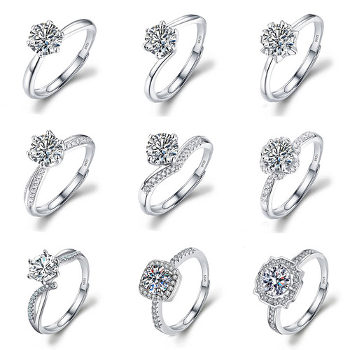 Live broadcast female ring moissanite ring female ins imitation silver S925 ring holder crown six claws 1 carat zircon ring diamond ring