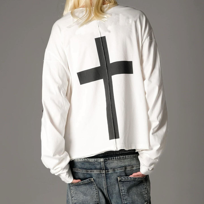 Autumn and Winter Ins High Street Fashion Brand American Retro Cross Print Patch Embroidery Patch Nail Design Crop Long-Sleeved T-Shirt