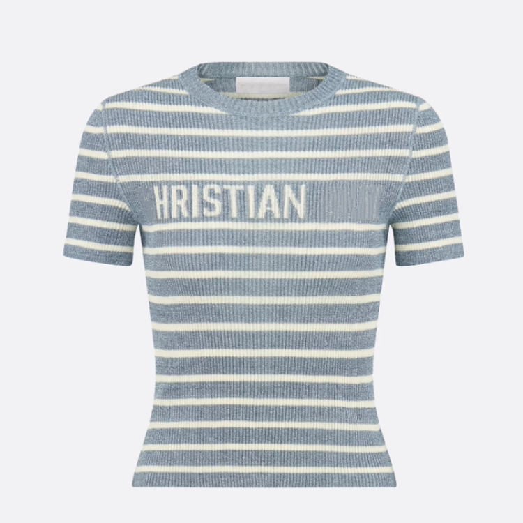 Nanyou Top Version 5 Summer Striped Letter Short-Sleeve Knit Top for Women in Denim Blue, Slim Fit and Trendy Knitwear Nanyou Top Version 5 Summer Striped Letter Short-Sleeve Knit Top for Women in Denim Blue, Slim Fit and Trendy Knitwear