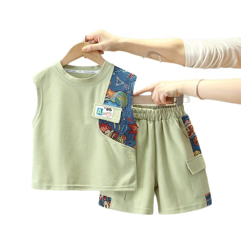 7871 traje de verano para niños 2025 nuevos pantalones cortos de chaleco guapos para niños de dos piezas ropa de verano para bebés de moda
