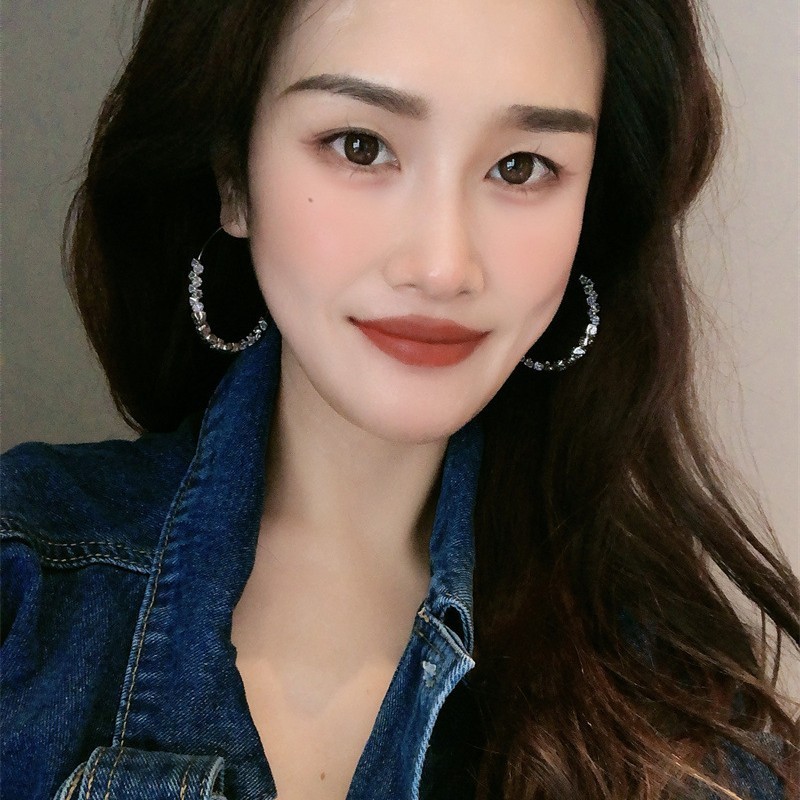 轻奢高级感碎银子锆石大耳圈925银针时尚潮流耳环夸张个性素圈|undefined