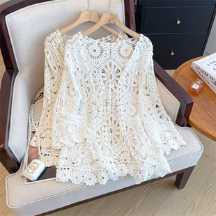 Actual Shot of Spring and Summer New Large Size Hollow Bell Sleeve Tops Long-Sleeved Bottoming Lace Shirts Versatile Hook Pattern Shirts for Women
