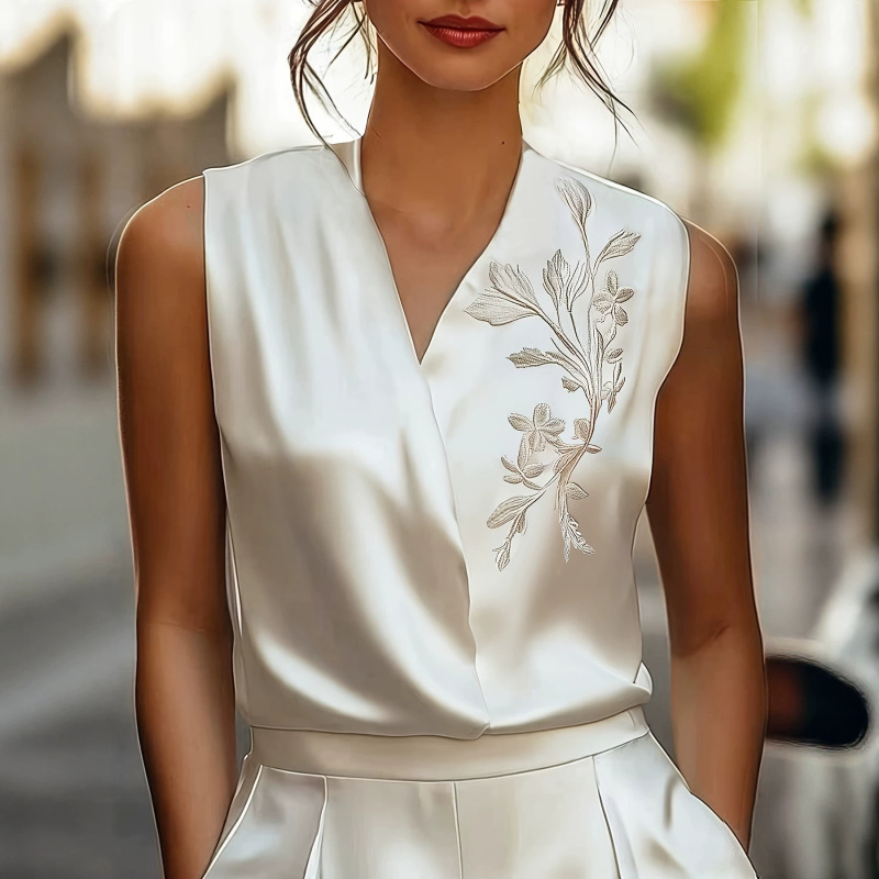 Women's Embroidered Satin Sleeveless Shirt, Elegant Top Suitable for Everyday Office and Formal Occasions