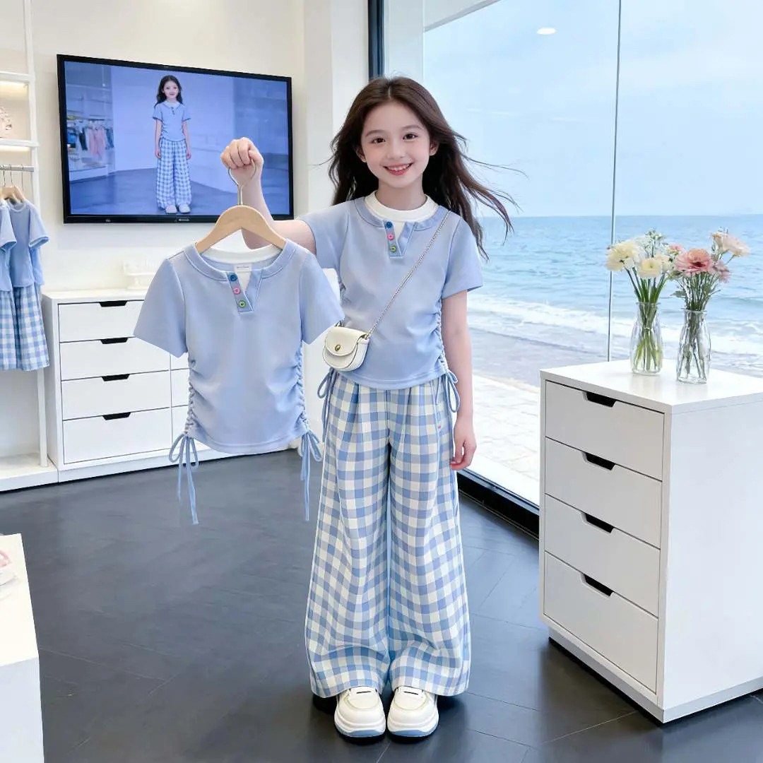 Girls' Summer Set, Korean Style, Simple and Fresh, Faux Two-Piece Short-Sleeve T-Shirt and Plaid Pants