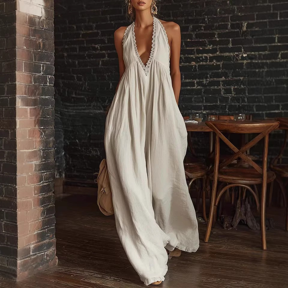 2026 European and American Cross-Border Independent Site Amazon European and American Casual, Elegant, Comfortable, Lace-Trimmed Loose Linen Jumpsuit