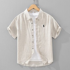 1510 夏新鮮なカジュアル通気性リネン刺繍メンズ半袖シャツルーズソリッドカラートップ