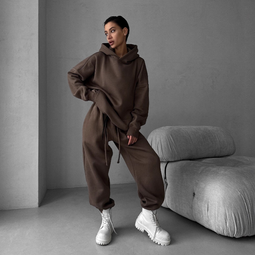 2025 Fall/Winter New European And American Solid Color Long Sleeve Hooded Sweatshirt Women's Fashion Casual Pants Sports_ecoleips.com