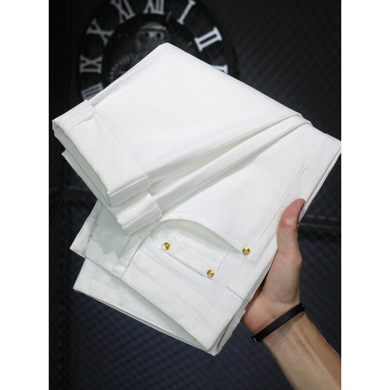 Light Luxury High-end Summer Thin Combed Cotton Stretch Jeans Men's Slim-fit Small Straight Casual White Cropped Pants
