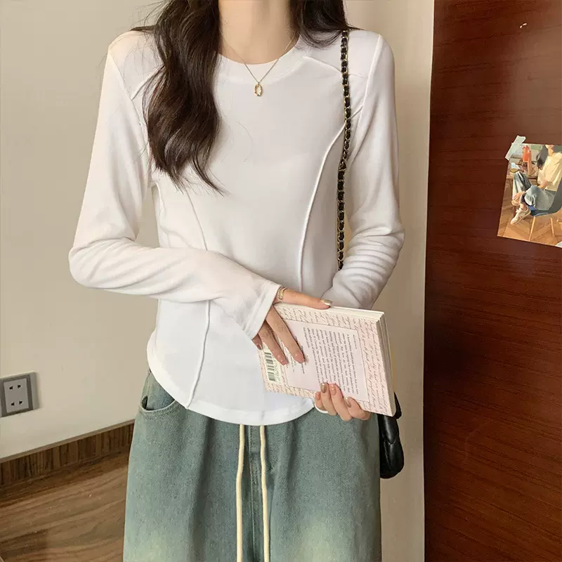 鱼骨长袖t恤女打底衫早春小个子内搭收腰显瘦短款上衣设计感ins潮