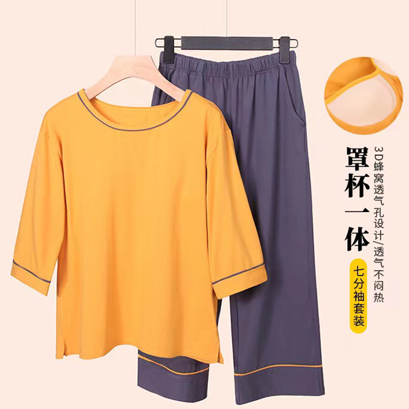 Cropped Sleeve Cropped Pants Pajamas Spring and Autumn Women's Home Clothes Suit with Chest Pad Cup Ice Porcelain Cotton Loose Large Size Casual