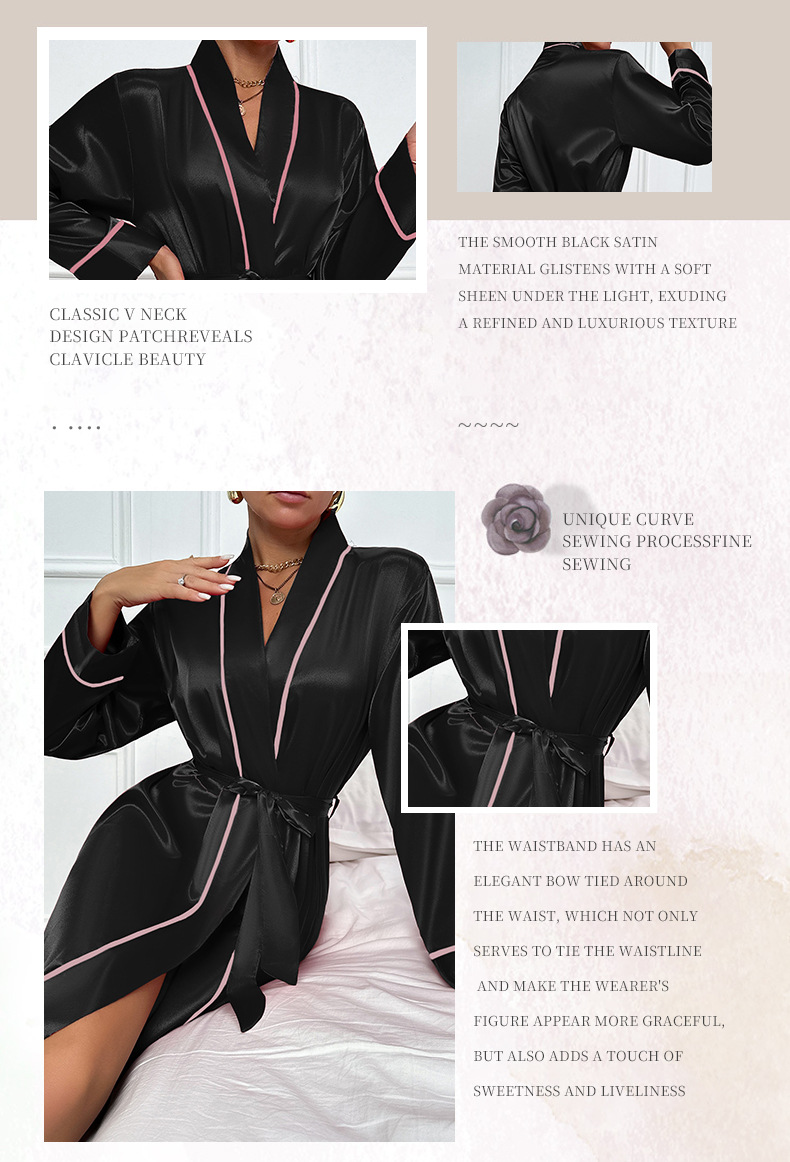 Camisola de seda feminina com decote em v e roupão curto_voghion.com