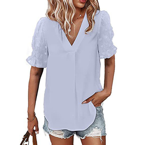 European and American Women's V-Neck Chiffon Shirt with Pom-Pom Detail, Short-Sleeve Casual Loose-Fit Top for Women