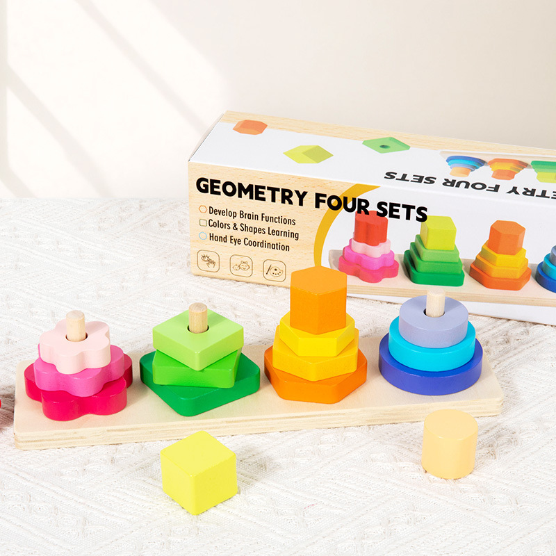 Cross-Border Wooden Building Blocks Four-Set Geometric Columns Montessori Early Education Shape Matching Color Recognition Toys for Children