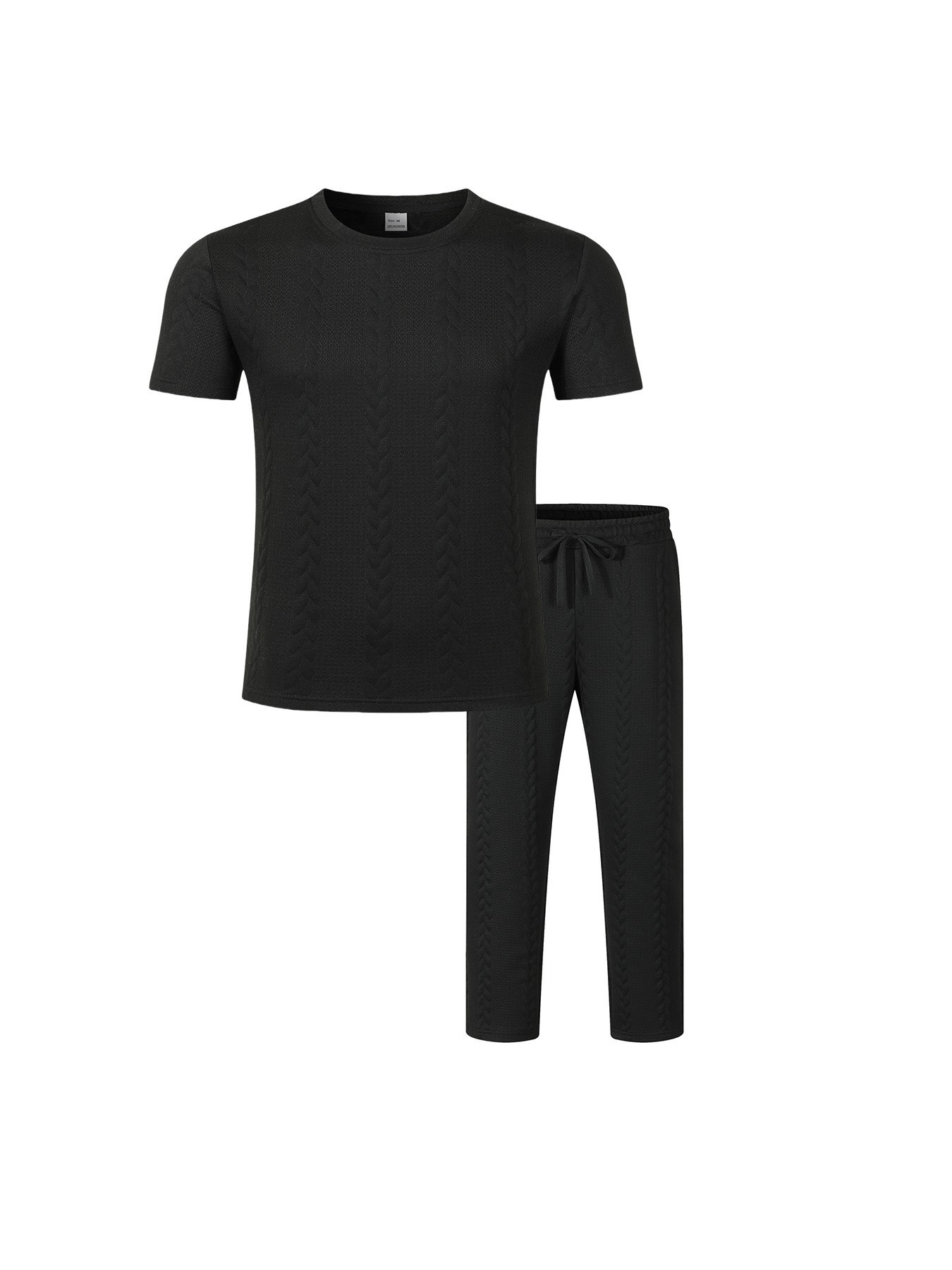 Men's Cable Knit Solid Color Jacquard Pullover Crew Neck Short Sleeve Trousers Casual Suit American Style Autumn New_viptrois.com