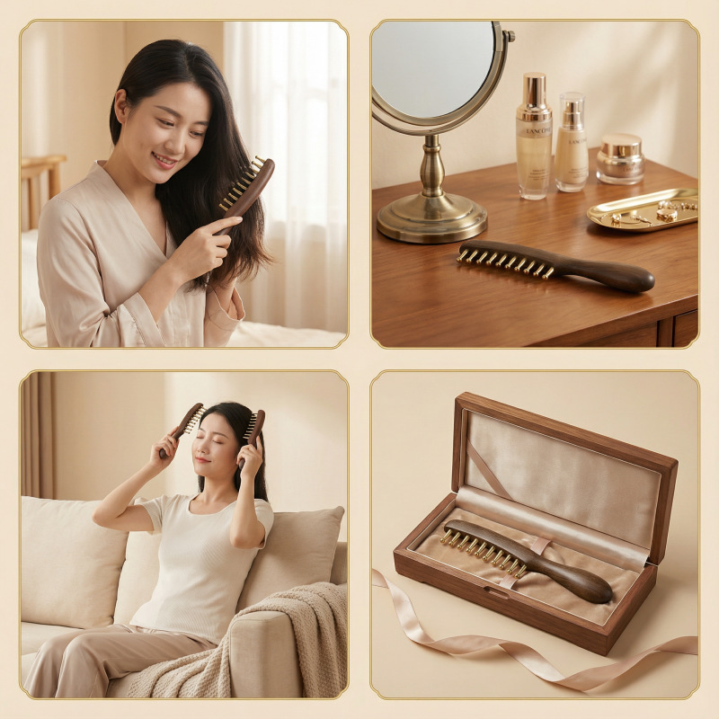 Brass Long Handle Scalp Massage Comb Thickened Wide Teeth Sandalwood Meridian Comb for Men and Women overview