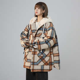 胖mm格子棉服女冬季加厚连帽棉衣高级感宽松毛呢大衣外套大码情侣