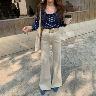 奶咖色高腰微喇牛仔裤女秋季宽松不贴腿显瘦弹力休闲喇叭拖地长裤