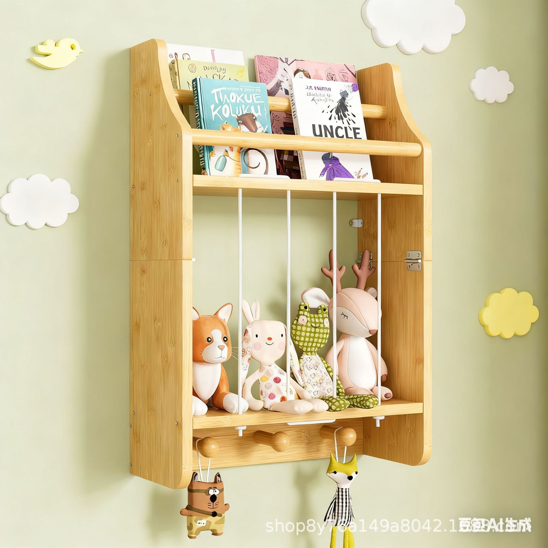木质玩具收纳架大容量毛绒玩具填充物玩具展示架壁挂式儿童书架