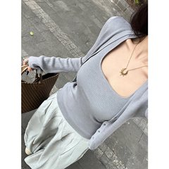 灰色针织吊带外搭开衫两件套女春秋季韩系别致穿搭小个子上衣