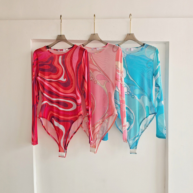 Tie-dye swirl print long-sleeve sun-protective jumpsuit, sheer mesh slim-fit base layer, elegant one-piece outfit