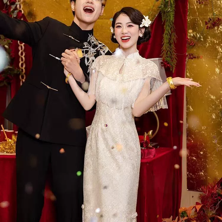 Вечернее платье-чонсам цвета шампань для помолвки, свадебное платье в китайском стиле 2025 года, наряд для тоста невесты, выпускной, спасибо