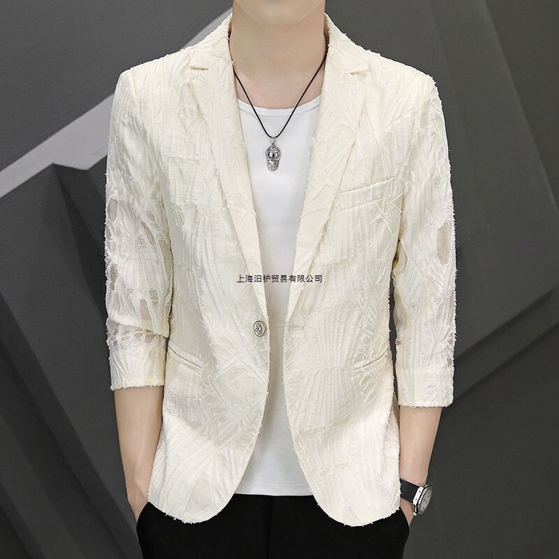 Men's Lightweight Korean-Style Slim-Fit Suit Jacket with Three-Quarter Sleeves, Printed Design, Summer Single-Breasted Suit for Hairstylists