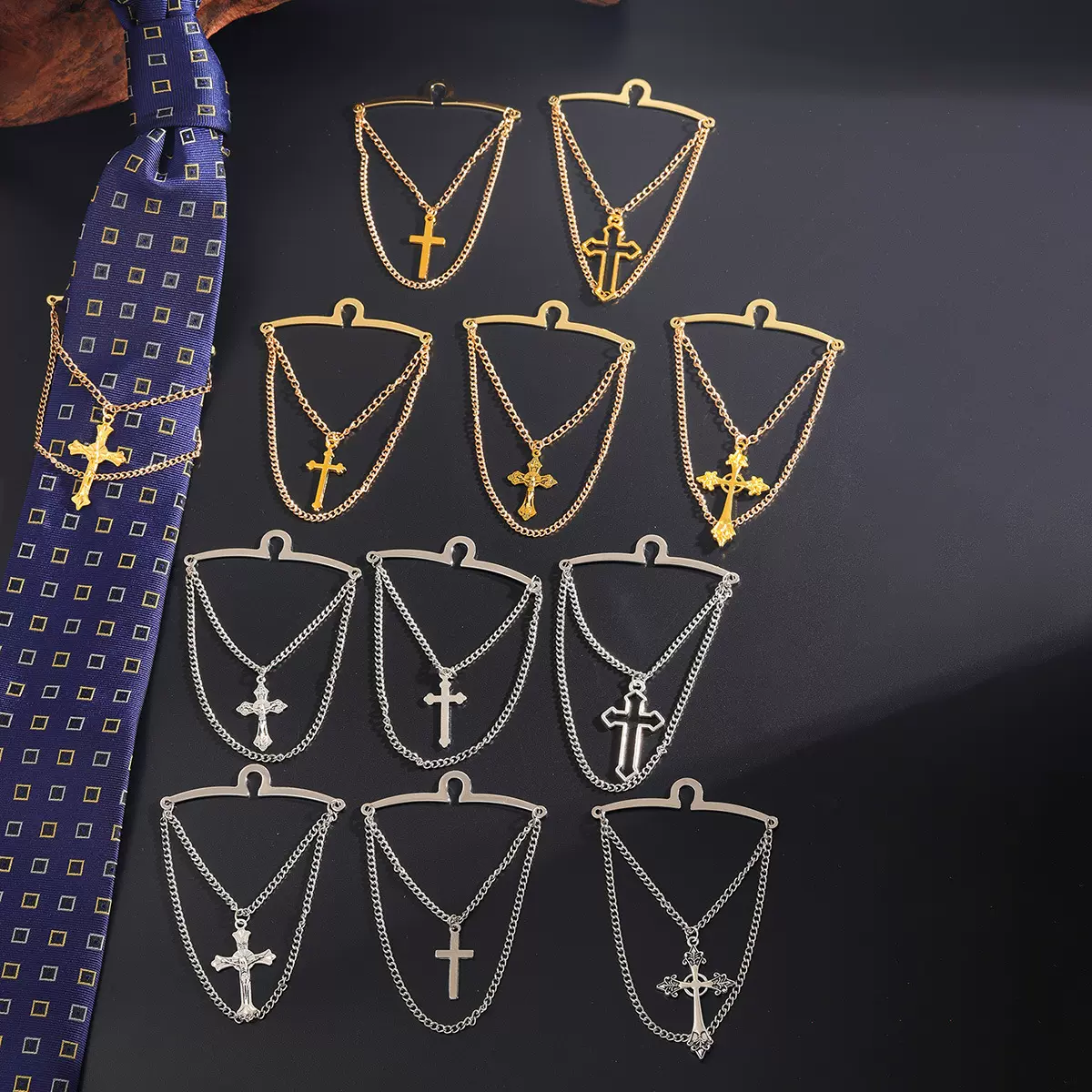 新款简约十字架时尚领带配饰 金银链条领带固定器 领带饰品