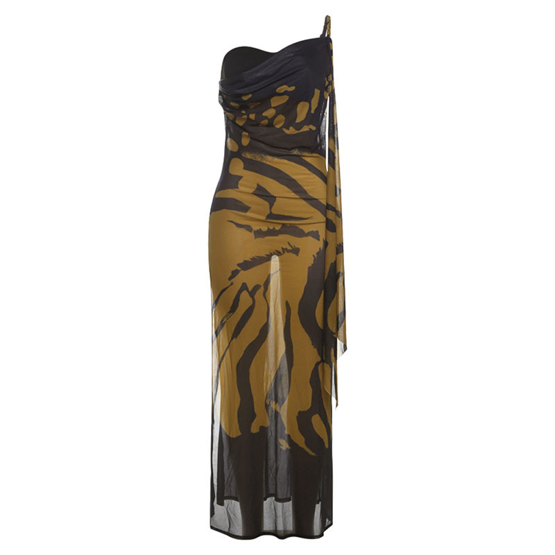 Vintage Inspired Womens Dress Sheer Mesh Slim Fit Backless Split Hem Floral Print Autumn Winter Fashion