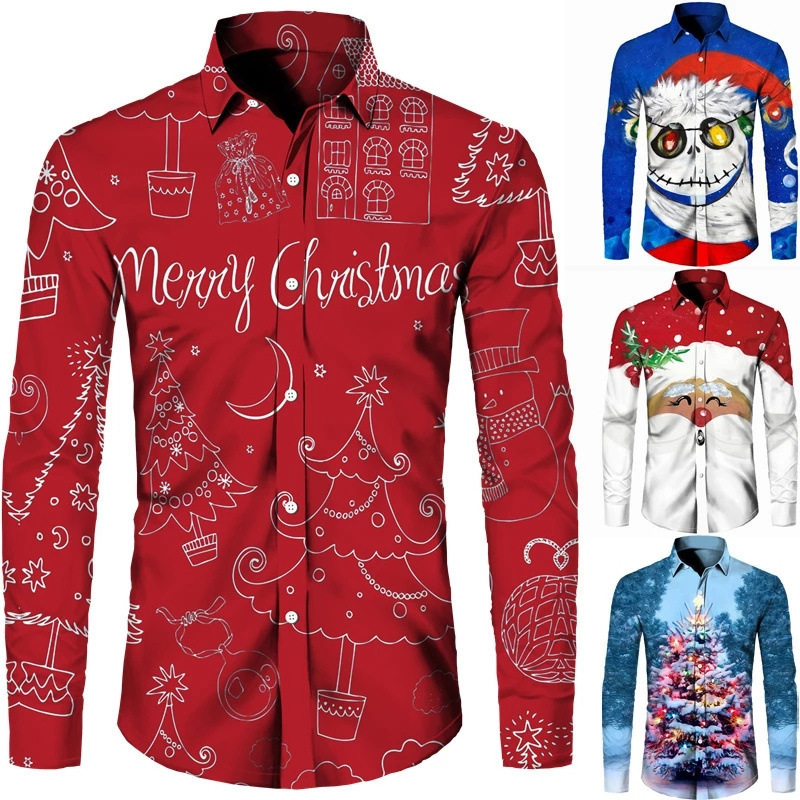 2023 cross-border independent station autumn Hawaii Christmas series 3D printed casual men's long-sleeved shirt