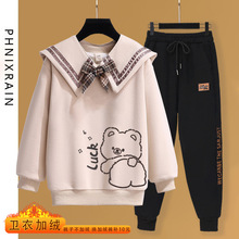 中学生娃娃领长袖加绒卫衣宽松少女装大童12岁女学生初中女生套装