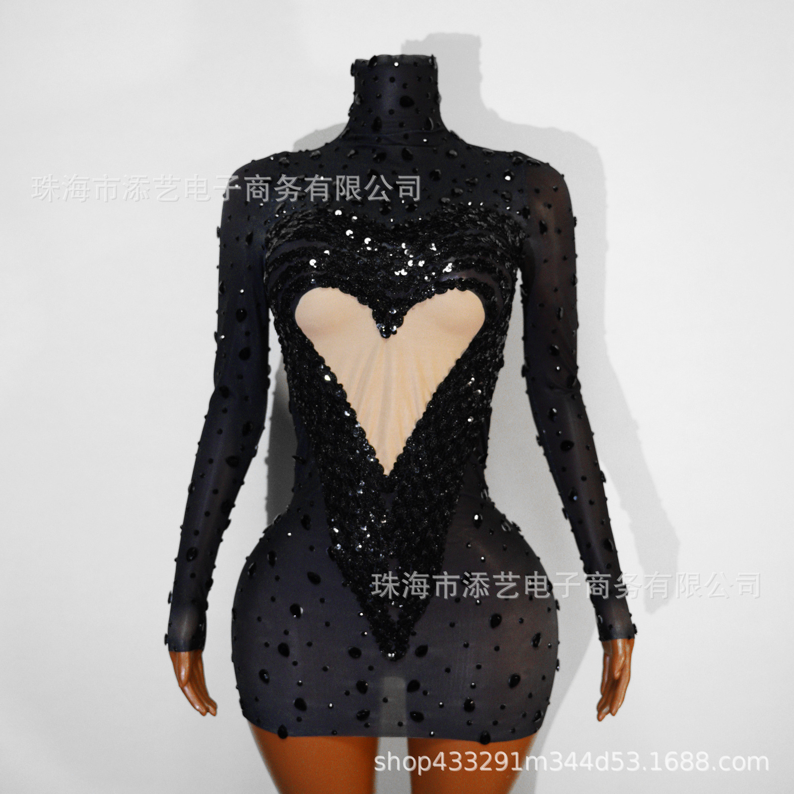 Cross-Border European and American Style Transparent Mesh Bodycon Dress with Long Sleeves, Rhinestones, Sequins, Sexy Tight-Fitting Stage Performance Long Dress Costume