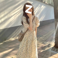 韩国chic法式甜美碎花圆领泡泡短袖连衣裙女夏季收腰显瘦气质长裙