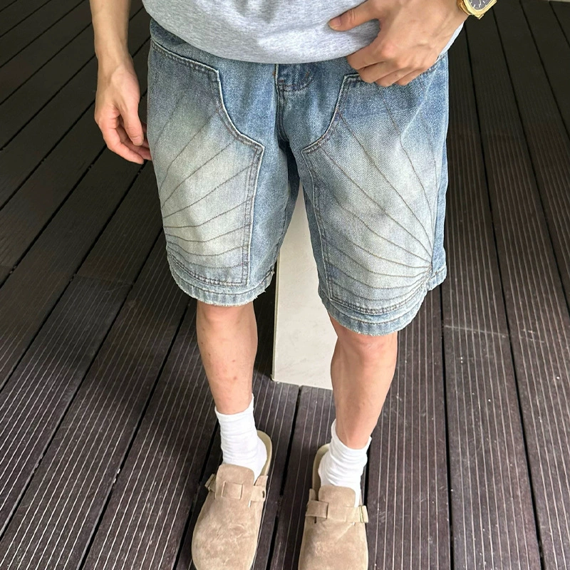Мужские джинсовые шорты в американском стиле ретро, ​​летние шорты с пятью точками, стильные потертые винтажные модные свободные прямые шорты.