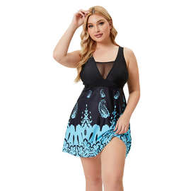 2025新款欧跨境复古网纱深V分体比基尼高腰三角裤加肥加大泳衣女