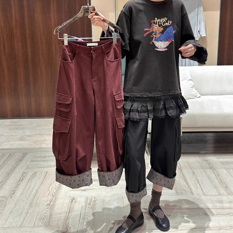 Asy Designer Brand 25 Early Autumn New Casual Multi-Pocket Drawstring Cargo Wide-Leg Cropped Pants Color-Blocking Pants