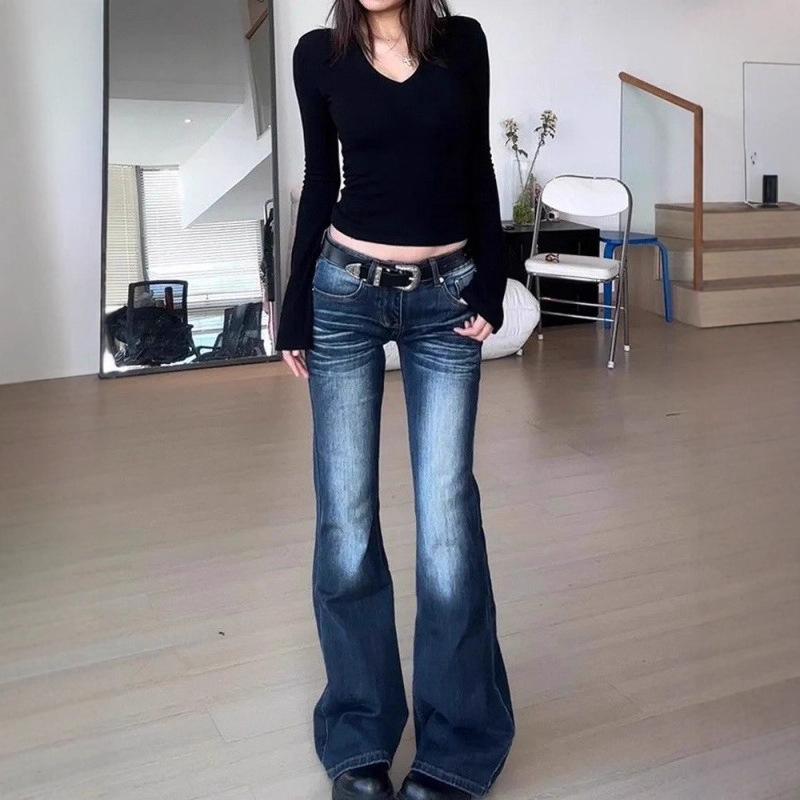 American Retro Washed Creased Low-Waist Bootcut Jeans for Women in Autumn New Loose Slimming Straight Wide-Leg Pants