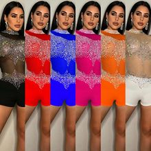 C5841跨境新款速卖通欧美时尚性感紧身夜店单袖网纱透视连体裤女