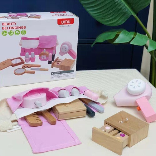 Children's wooden makeup simulation dressing table color play role dress-up toy hairdressing set original wood solid wood toy