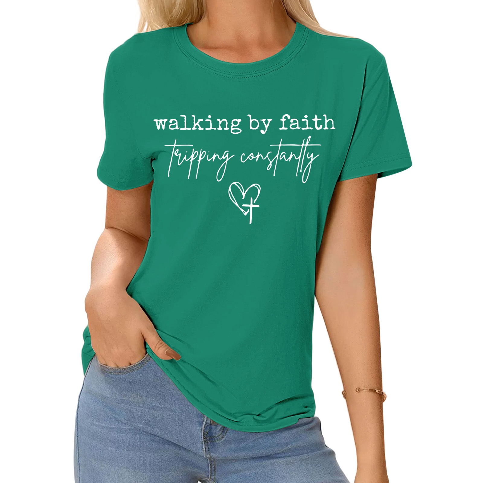 2025跨境亚马逊新款热卖女士t恤上衣圆领短袖信仰爱心图案 百搭女