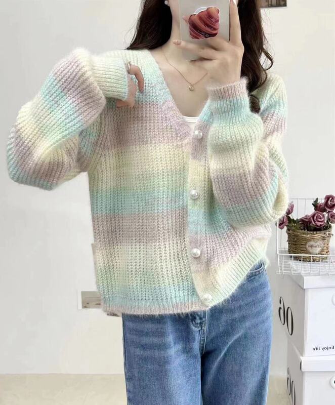 日系短款渐变色针织开衫外套女彩虹珍珠扣毛绒绒毛衣撞色设计|undefined