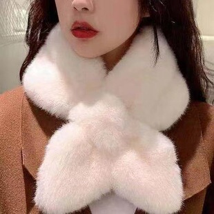 Korean Chic Style Thickeneded Pure Color Fur Scarf Warm Imitation Rex Rabbit Fur Cross Scarf Plush Fur Collar for Women