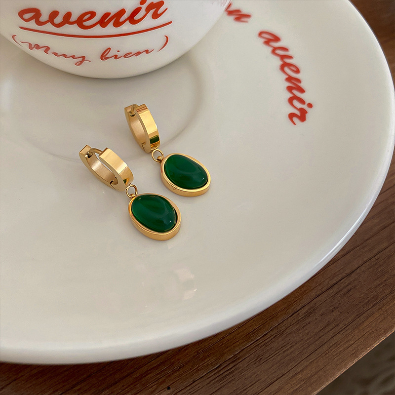 Retro Oval Titanium Steel Inlay Artificial Gemstones Drop Earrings 1 Pair