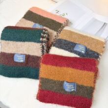 美拉德风日系暗色条纹针织羊毛围巾女韩版带标冬季高级感保暖围脖