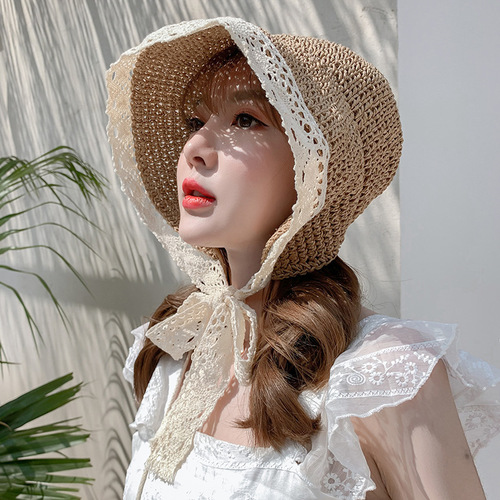Influencer grass hat women summer lace tie beach hat fresh and simple seaside travel vacation sun protection sunshade hat strap