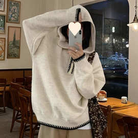 韩系巨好看半拉链连帽针织卫衣女秋冬慵懒宽松软糯套头毛衣上衣厚