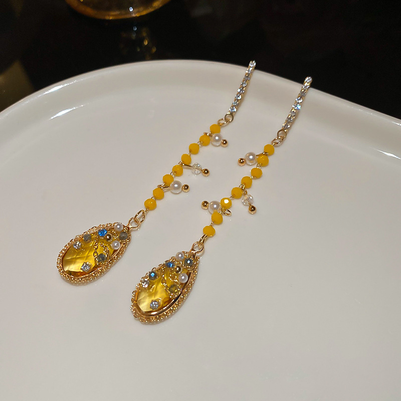Pendientes ovalados con borla y gota de agua con perlas de cristal y diamantes con aguja plateada