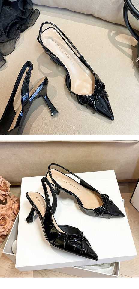 Sandal nữ bít mũi nhọn gót mảnh thắt nơ, quai hậu hở gót, gót 6–8 cm — Màu trắng be, Màu đen, Màu đỏ rượu chi tiết 16