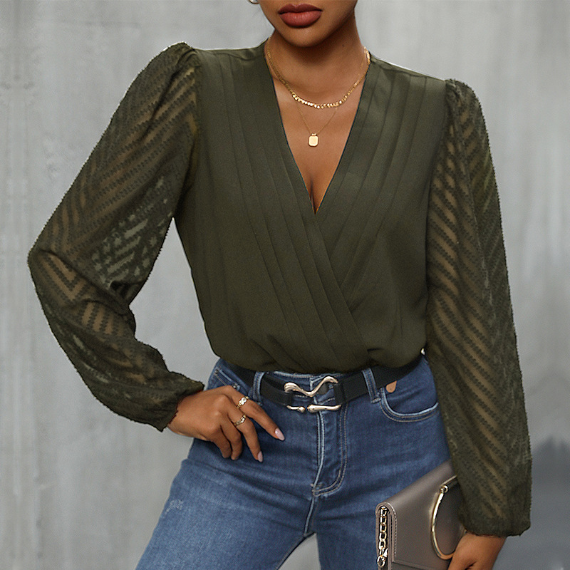 Gespleißtes, langärmliges, durchsichtiges Pendler-Pulloverhemd aus Netzstoff_voghion.com