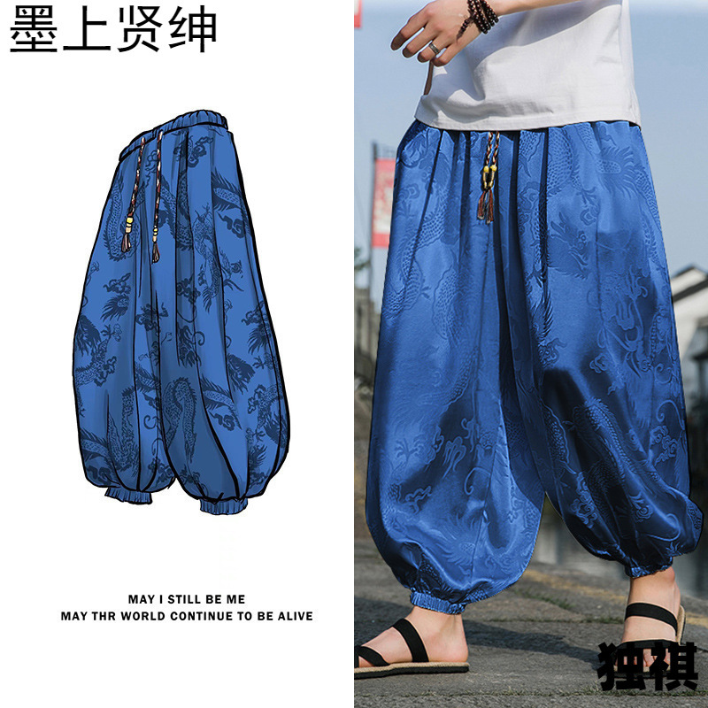 2023 pantalones casuales de verano para hombres, pantalones de seda de hielo, pantalones cortos de flores oscuras con patrón de dragón, bombachos sueltos, pantalones de playa, pantalones anchos