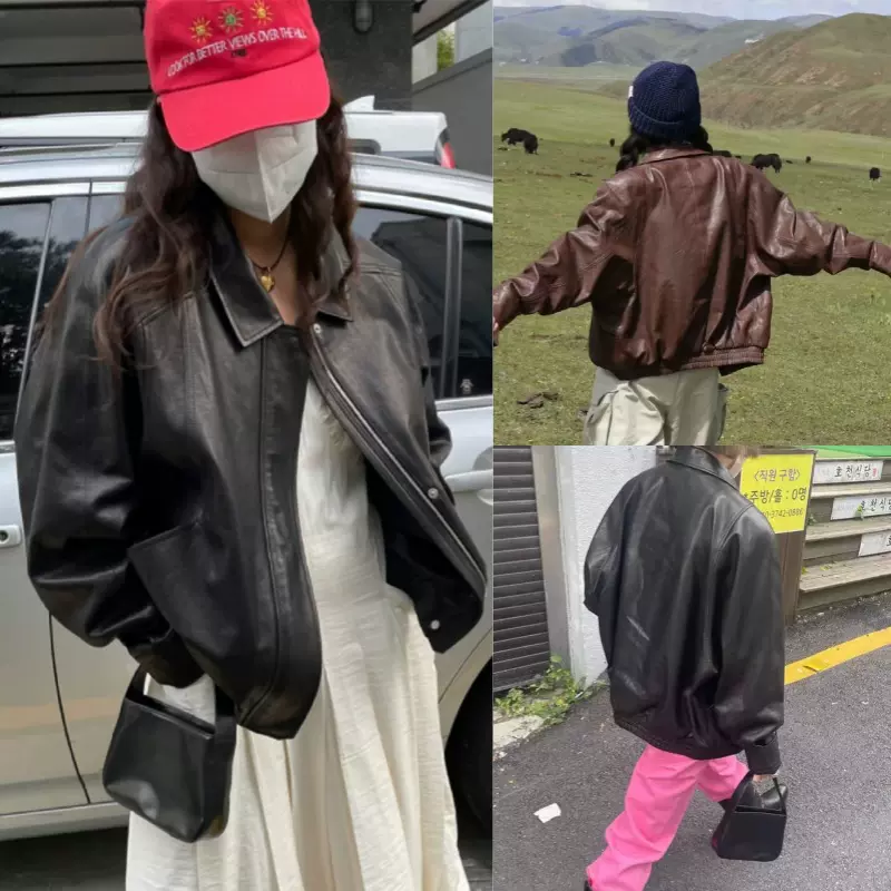 韩国ETHOS 24早春新款慵懒复古机车风羊皮夹克皮衣女休闲真皮外套